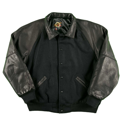 90s/00s Black Leather and Wool Varsity Jacket- XL