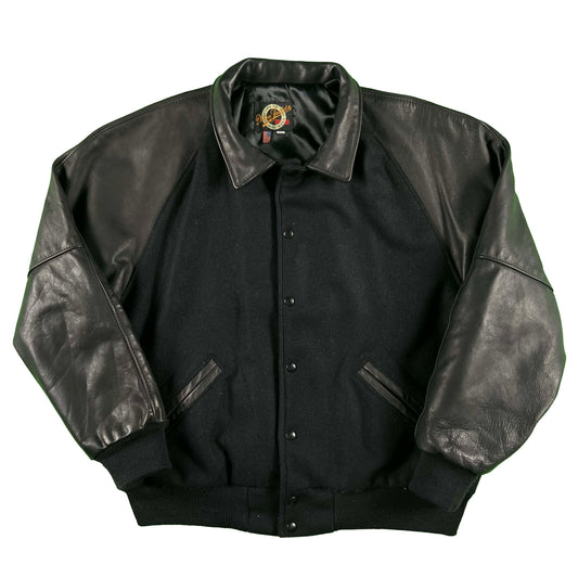 90s/00s Black Leather and Wool Varsity Jacket- XL