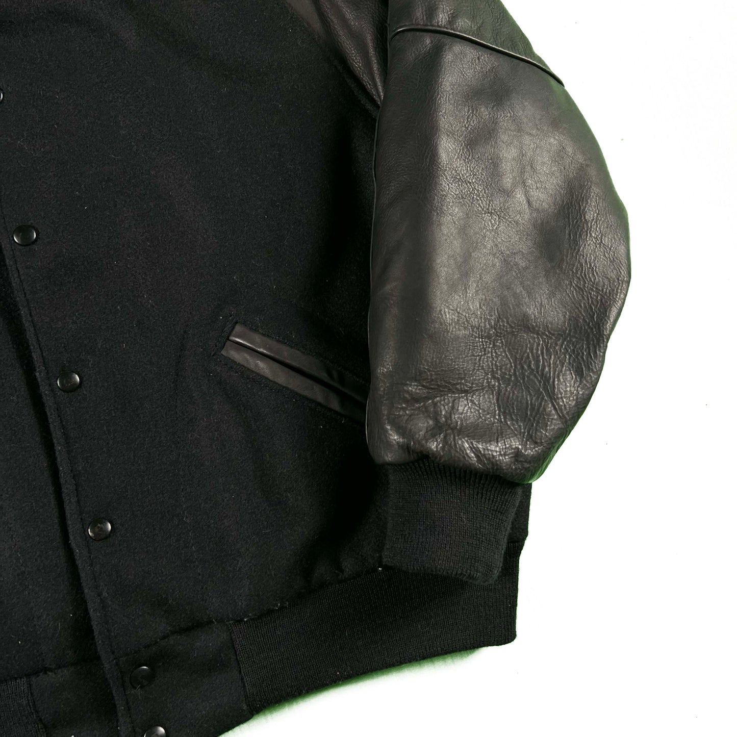 90s/00s Black Leather and Wool Varsity Jacket- XL