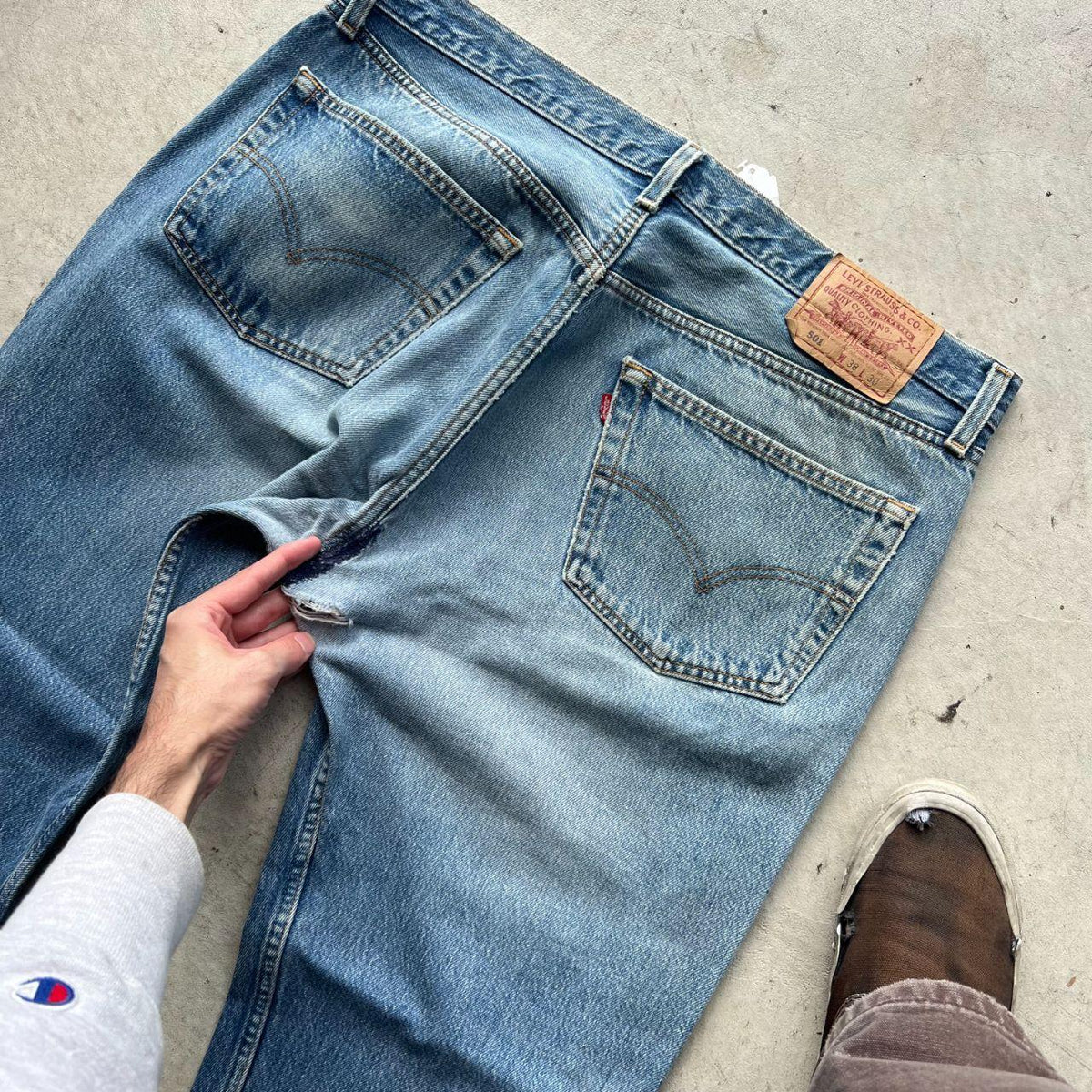 90s Levi's 501 Beautifully Faded Repaired Denim-39x28.5