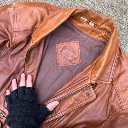 90s Caramel Brown Multi Zip Leather Bomber Jacket- S