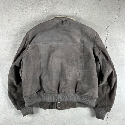 80s Wilsons Sherpa Lined Grey Suede Leather Bomber Jacket- XL