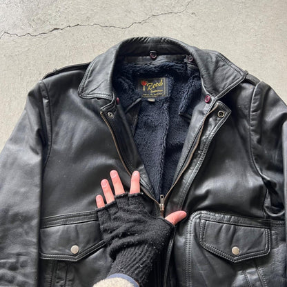 70s Black Leather Fleece Lined A2 Style Bomber Jacket- L