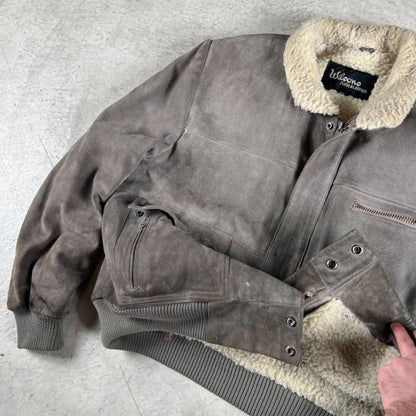 80s Wilsons Sherpa Lined Grey Suede Leather Bomber Jacket- XL