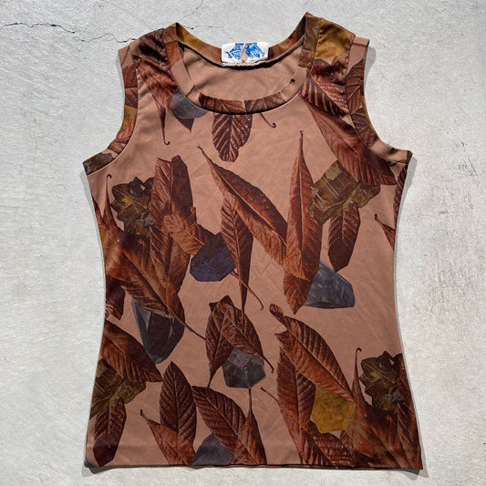 70s Polyester Leaf Print Top- M