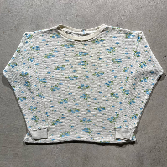 70s Floral Print Waffle Knit Thermal- S