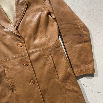 80s Caramel Tan Leather Trench Coat- S