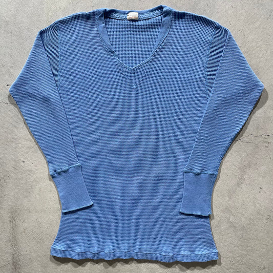 70s Waffle Knit V Neck Thermal- L