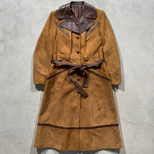 70s Tan Suede & Leather Trench Coat- M