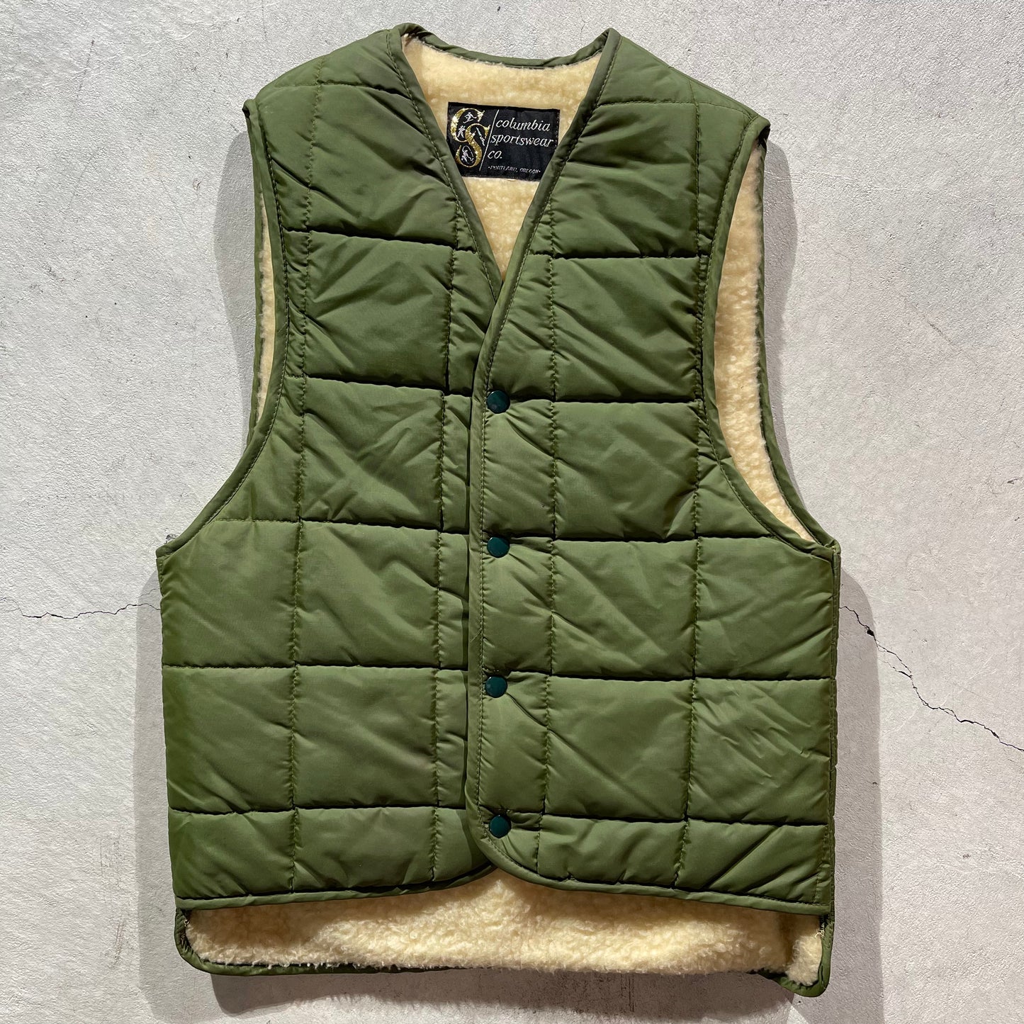 70s Army Green Sherpa Lined Columbia Vest- M